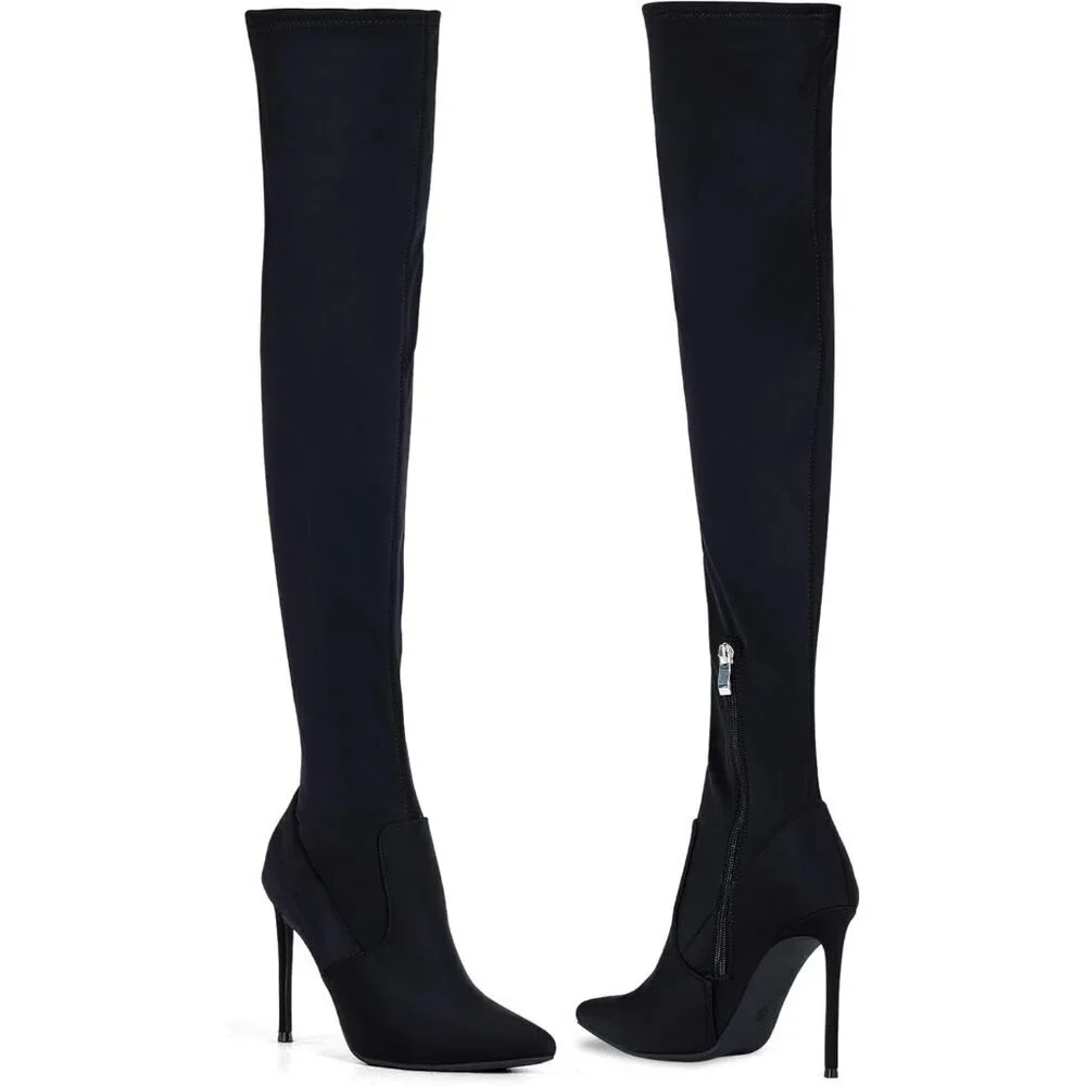 Women Black Neoprene Suede Pointed Toe 4.3 inch Stilettos Thigh High Heels Boots